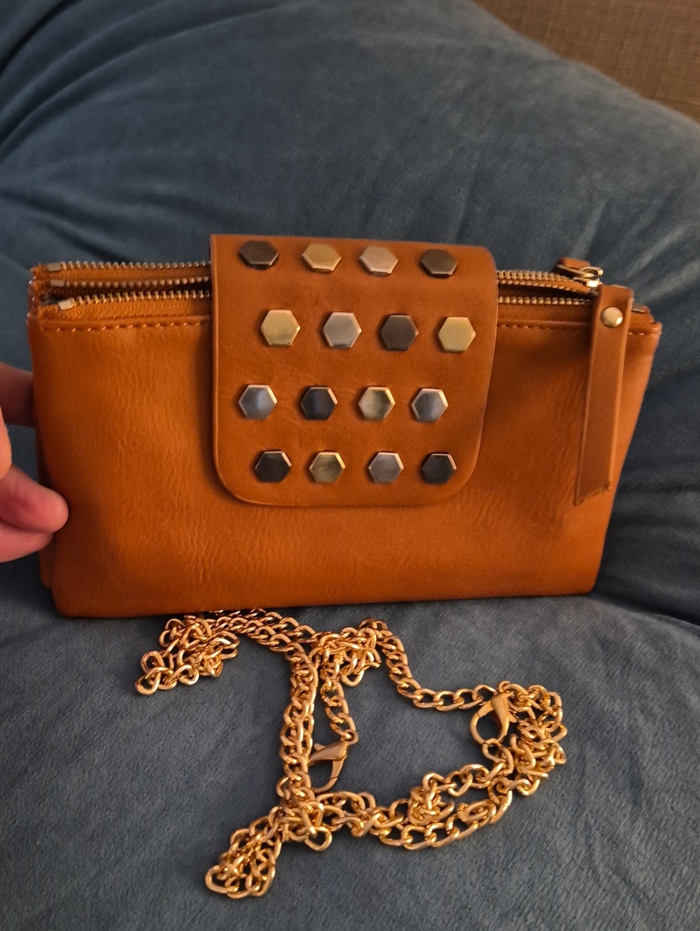 Olivia Miller Silver Gold Gunmetal Studded Tan Zip Wristlet Wallet Clutch Bag